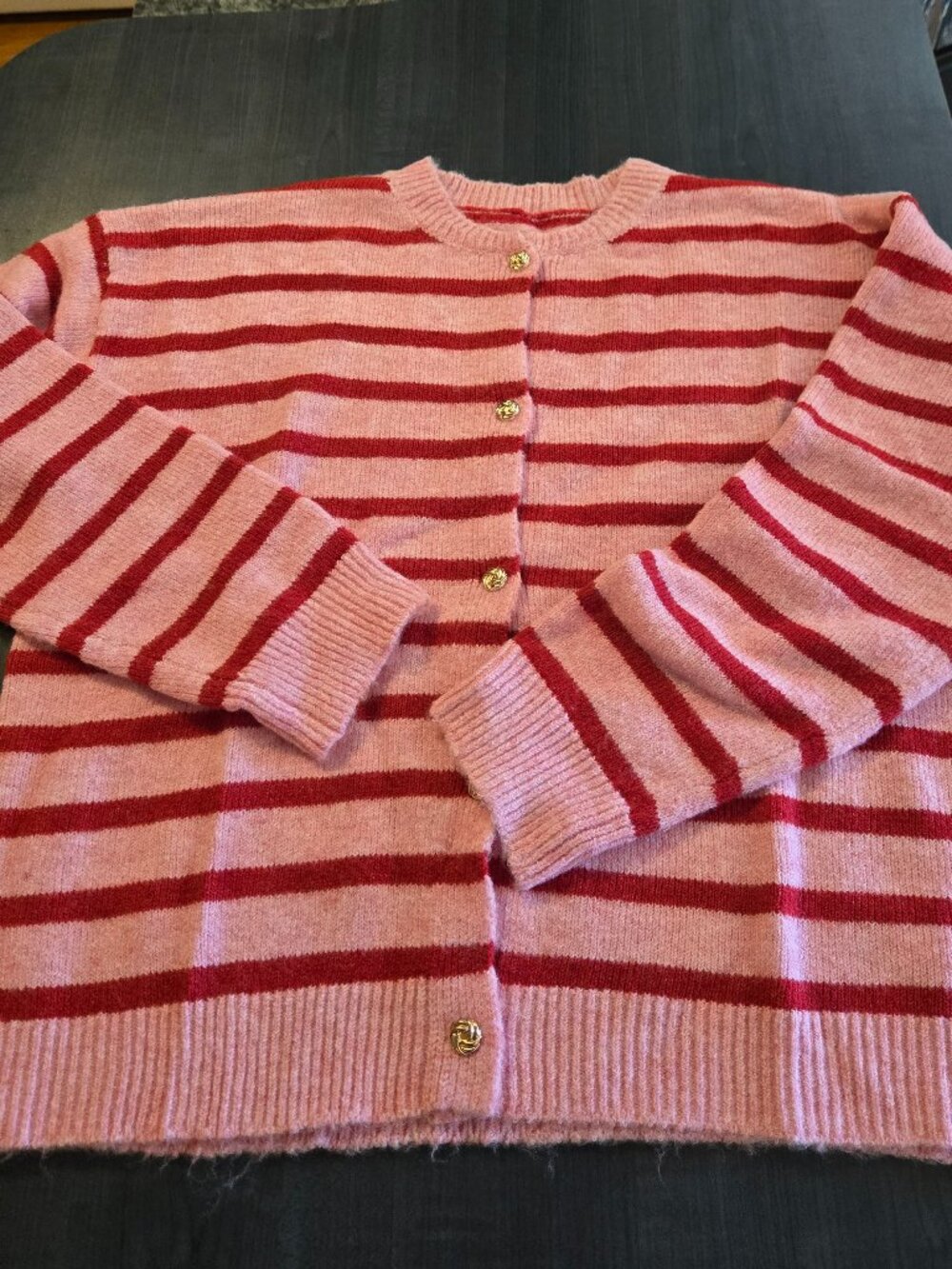 New FW2026 100% Mohair Sezane Style Red Pink Striped Cardigan 16-18 - Picture 3 of 8